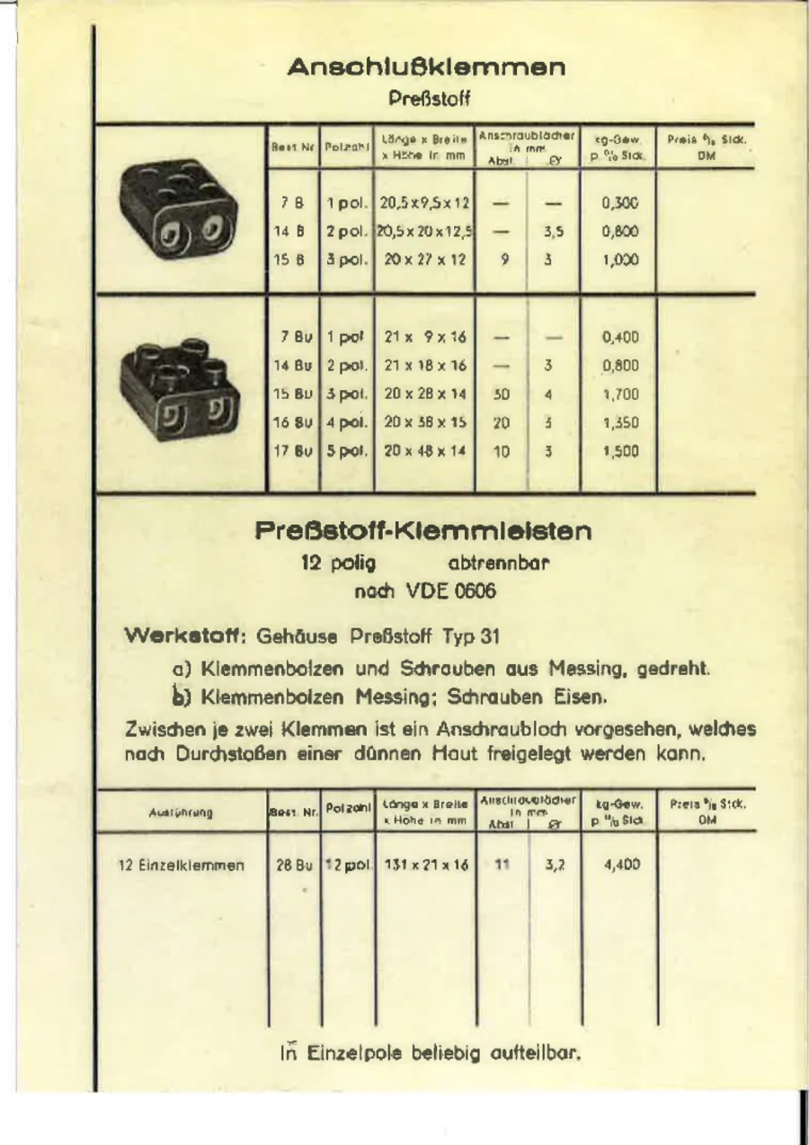 Katalogseite „Anschlußklemmen aus Preßstoff“ mit Produktabbildungen und Maßtabellen