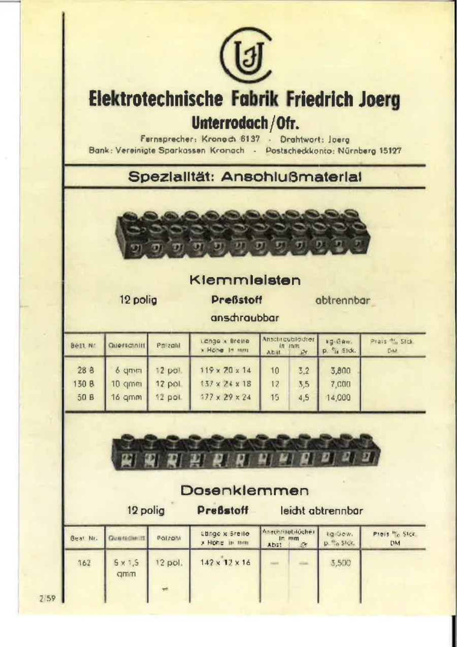 Katalogseite „Spezialität: Anschlußmaterial“ mit Klemmleisten und Dosenklemmen