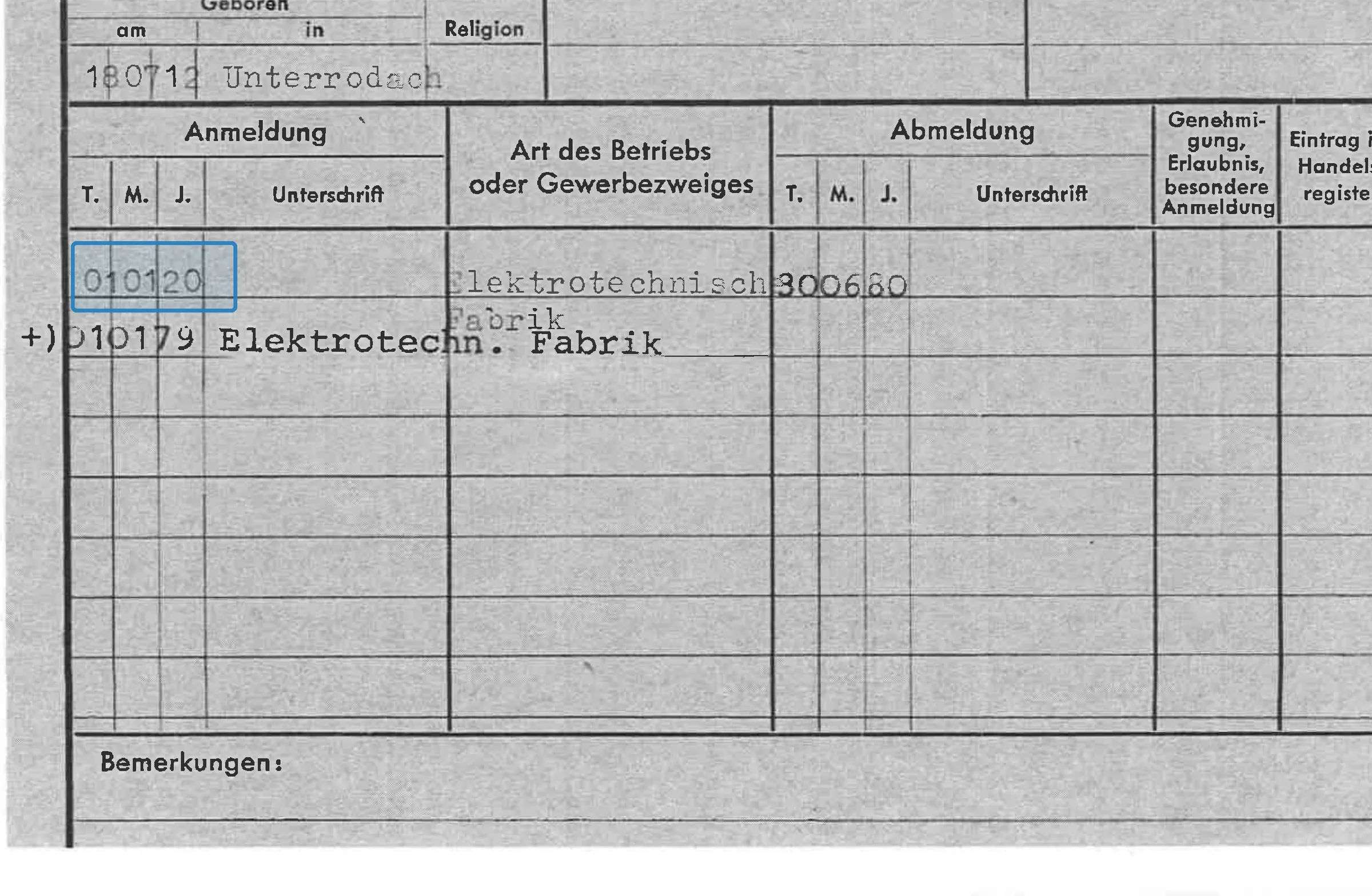 Ausschnitt der Gewerbekartei: der Eintrag „010120“ vom 1. Januar 1920 für die elektrotechnische Fabrik ist hervorgehoben