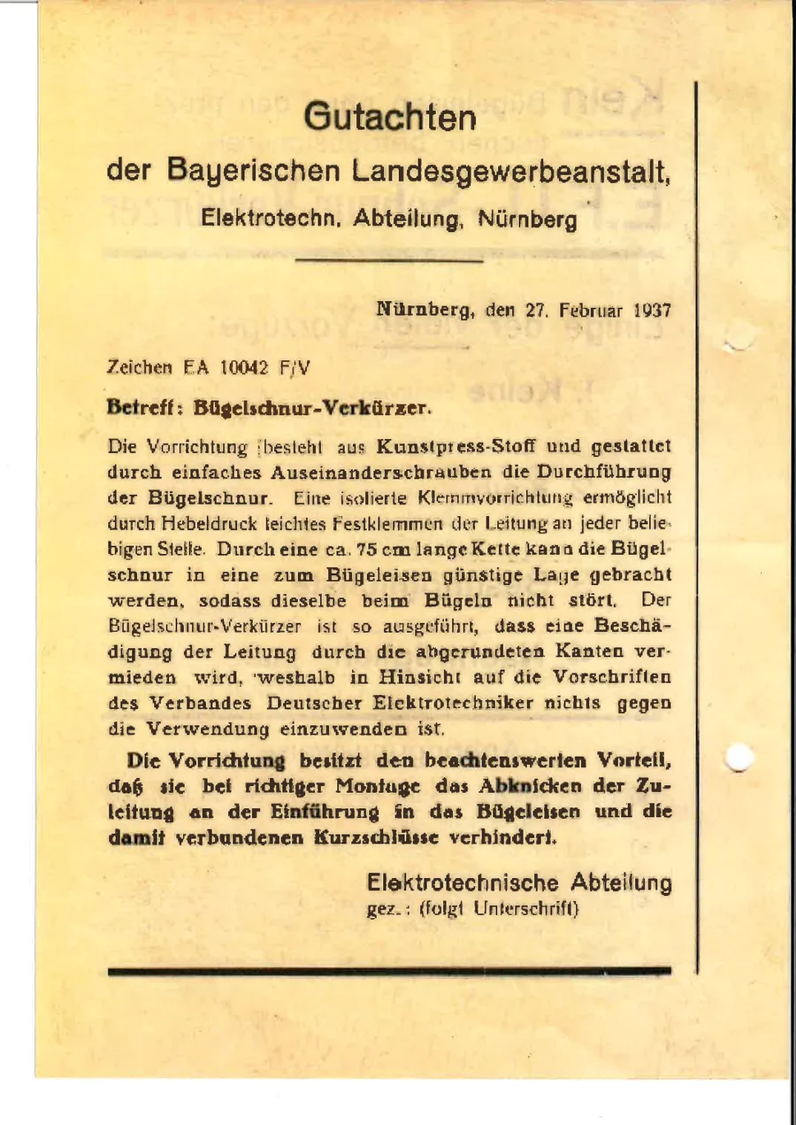 Gutachten der Bayerischen Landesgewerbeanstalt Nürnberg zum Bügelschnur-Verkürzer, datiert 27. Februar 1937