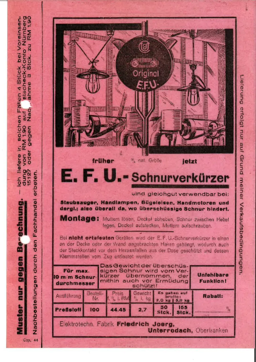Werbeblatt „E.F.U. Schnurverkürzer“ mit Abbildung von Haushaltsgeräten