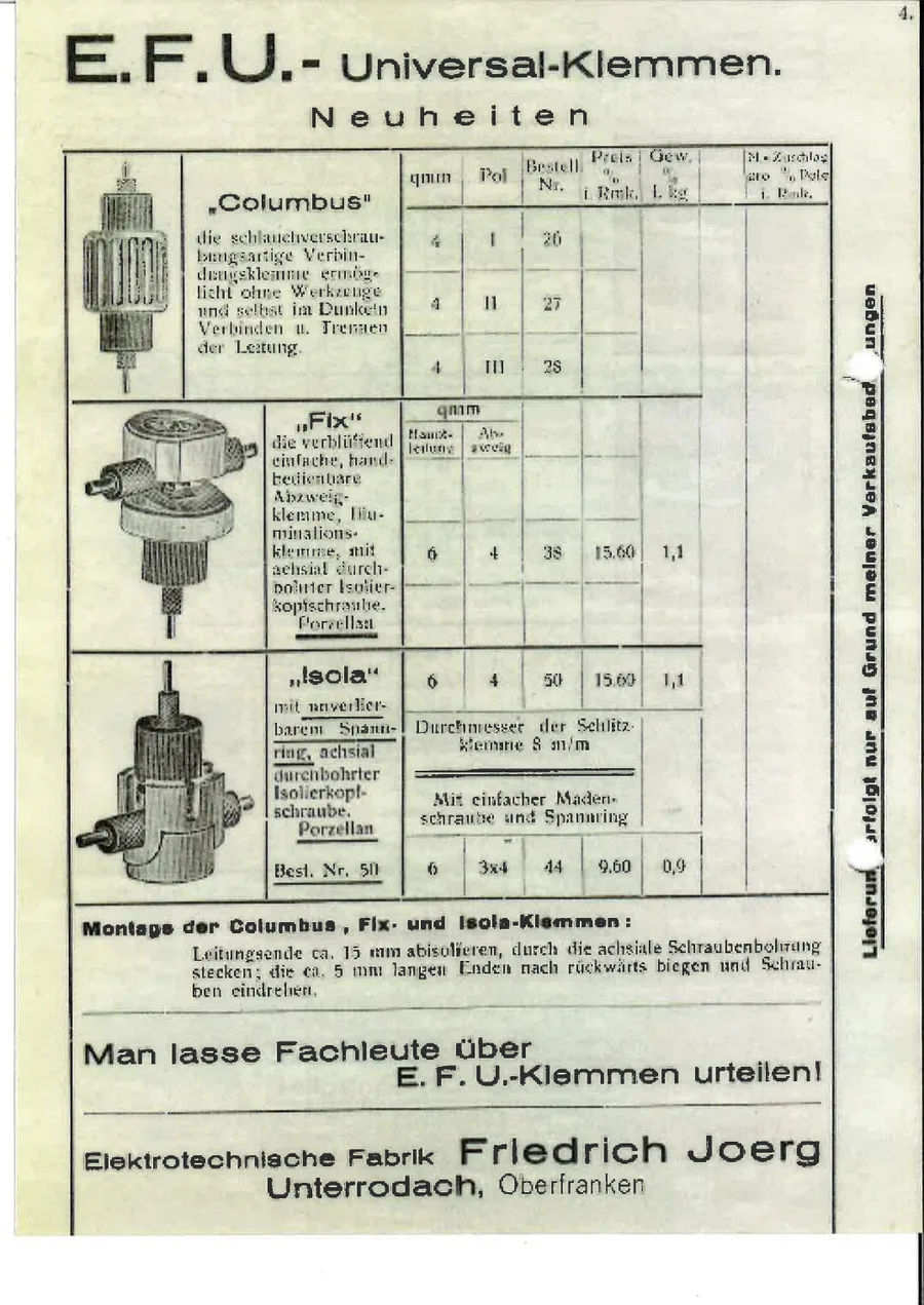 Katalogseite „E.F.U. Universal-Klemmen“ mit Produktabbildungen und Preistabelle